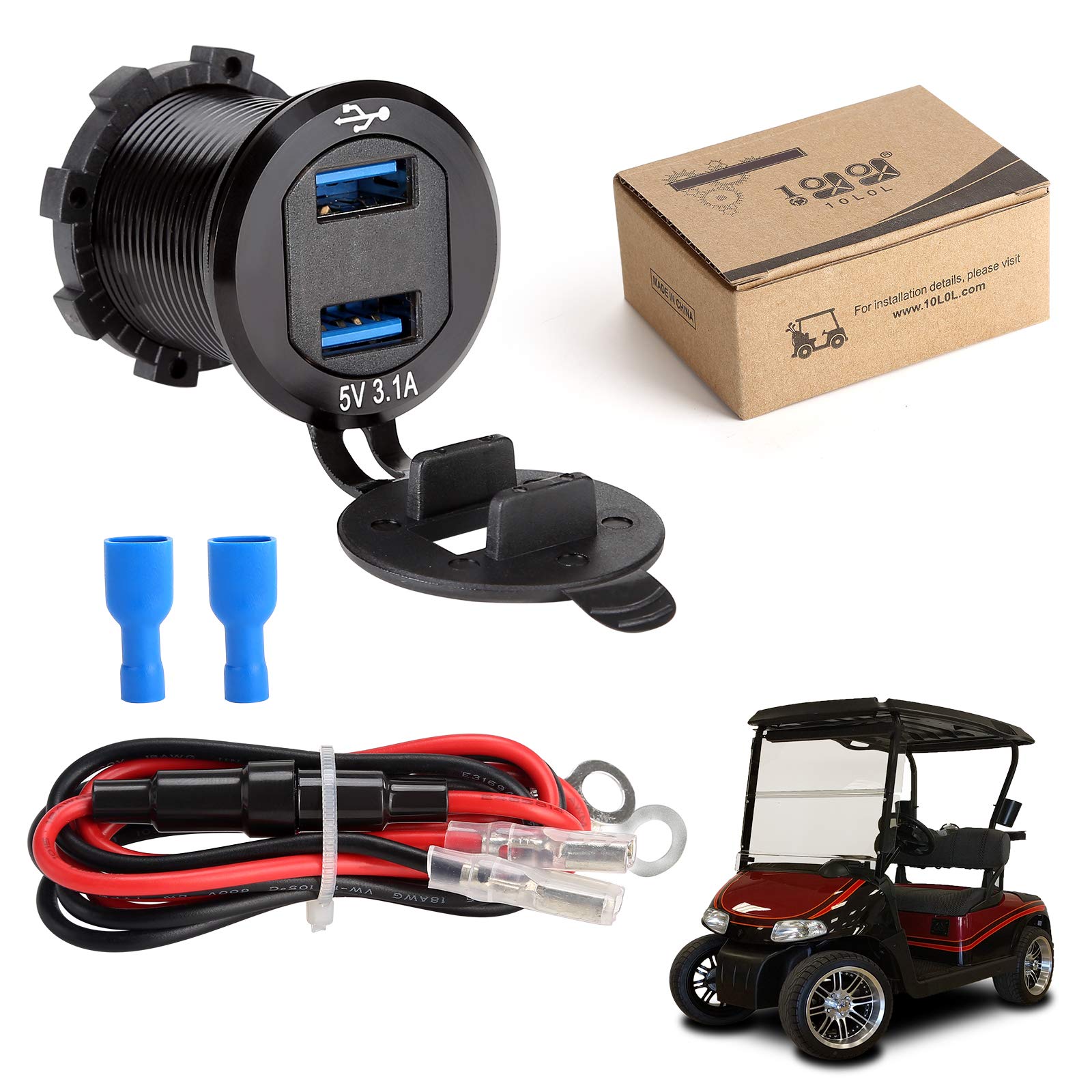 10L0L Golf Cart DC 9V-48V Quick Charger, 2 in 1 USB Ports & Voltage Meter for Yamaha, Club Car and EZGO, Aluminum Alloy Shell Safe Charge Outlet