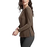 ODODOS Women's Relaxed Fit Long Sleeve Shirts Boat Neck Side Slit Peach-Soft Casual Lounge Yoga Tops