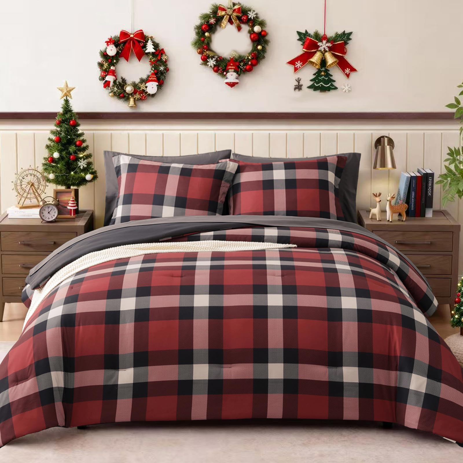 Photo 1 of AMBERSPACE Twin XL Comforter Set, Red Plaid Bedding Set 5 Pieces for Boys Girls, Classic Checkered All Season Bed in a Bag for Dorm with Sheets, Pillowcase & Sham