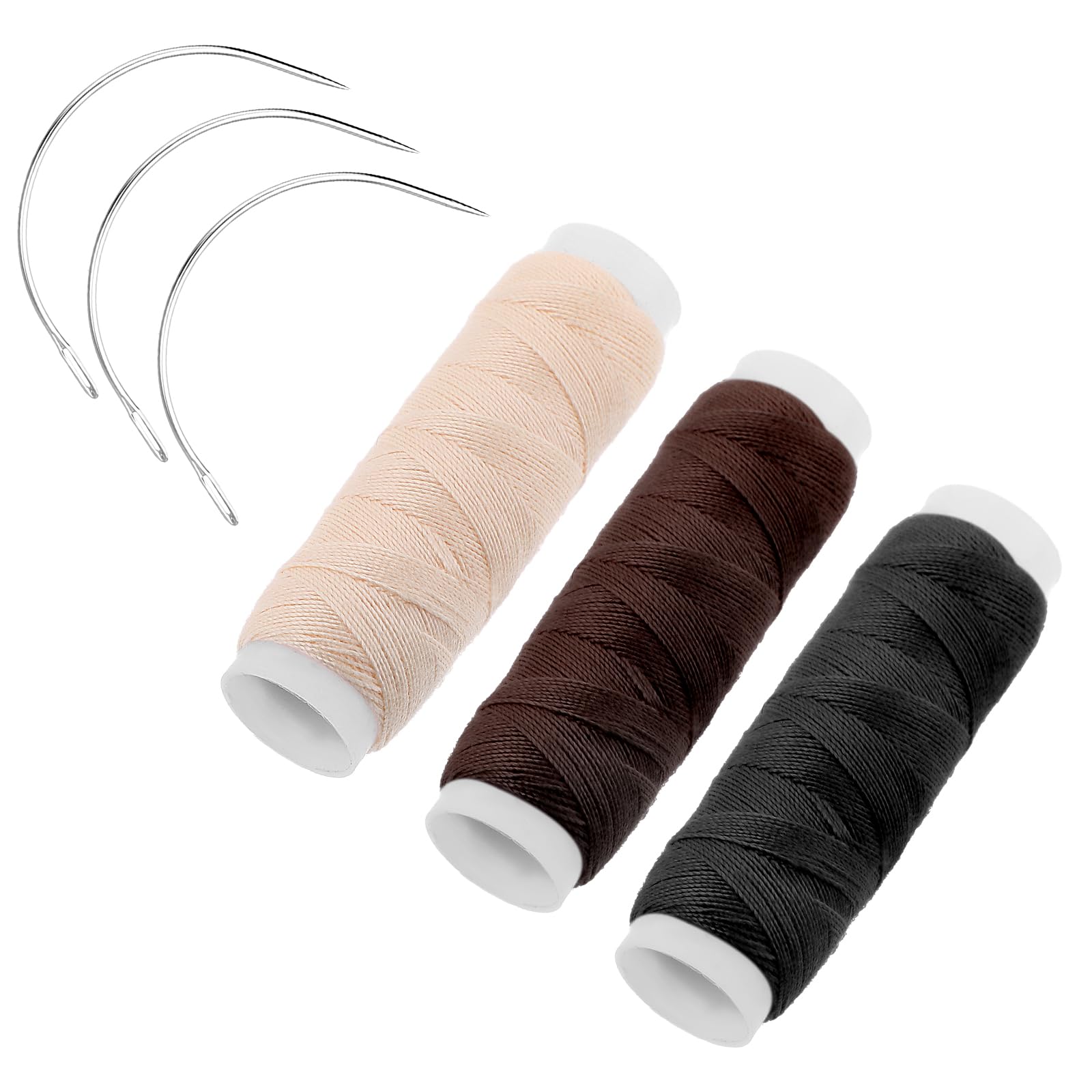 3Rolls Hair Weaving Thread Cotton, Sewing Threads and Needles Set Thread for Hair Extensions Black Weaving Thread with 3 Pcs Curved Needles or Hand Sewing Wig Making Hair Weave Weft Craft DIY