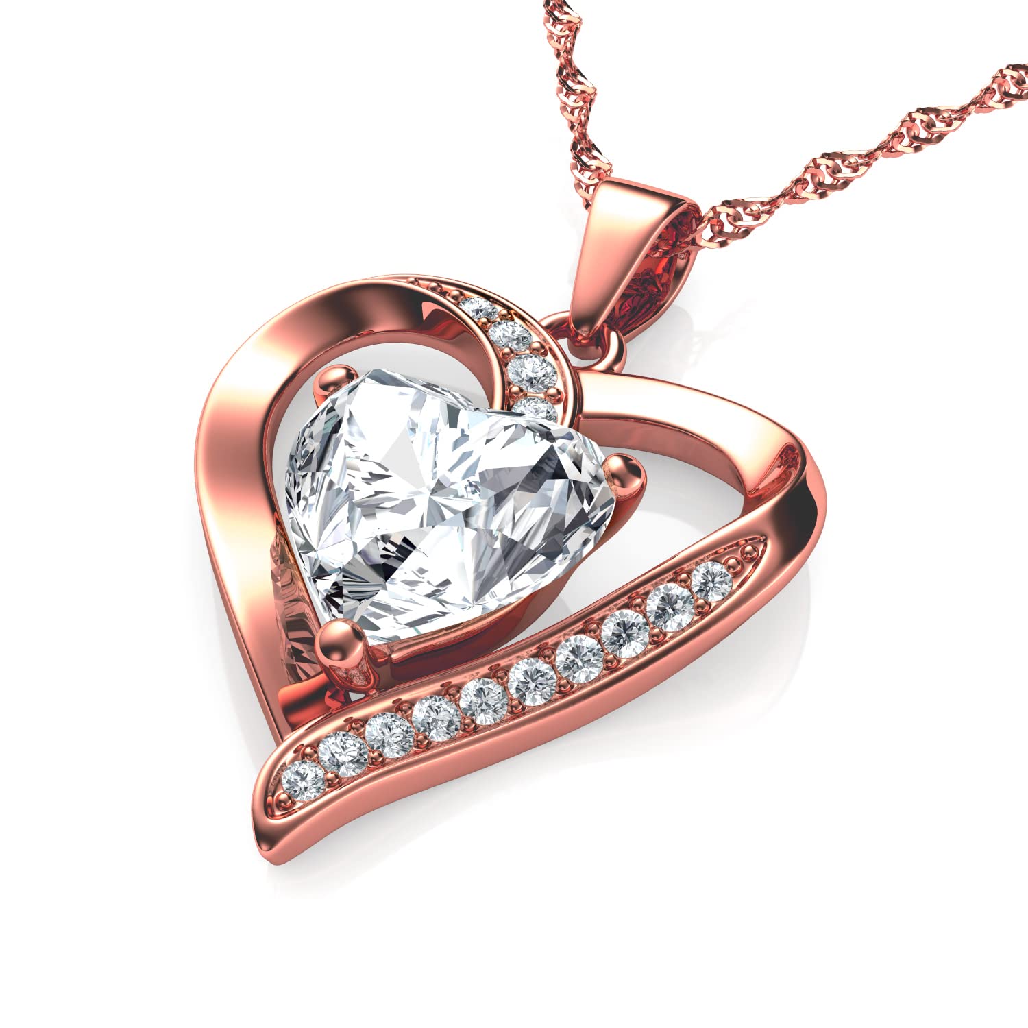 DEPHINI Crystal Heart Necklace – 925 Sterling Silver, Cubic Zirconia Pendant, Rhodium Plated Jewellery for Women (Rose gold 2)