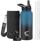 Coolplus 32 oz Water Bottle Insulated, Stainless Steel Water Flask With Straw Metal Double-Walled Vacuum With Carry Sleeve Leakproof, Keep Cold 48 Hrs Hot 24hrs, Blue Black