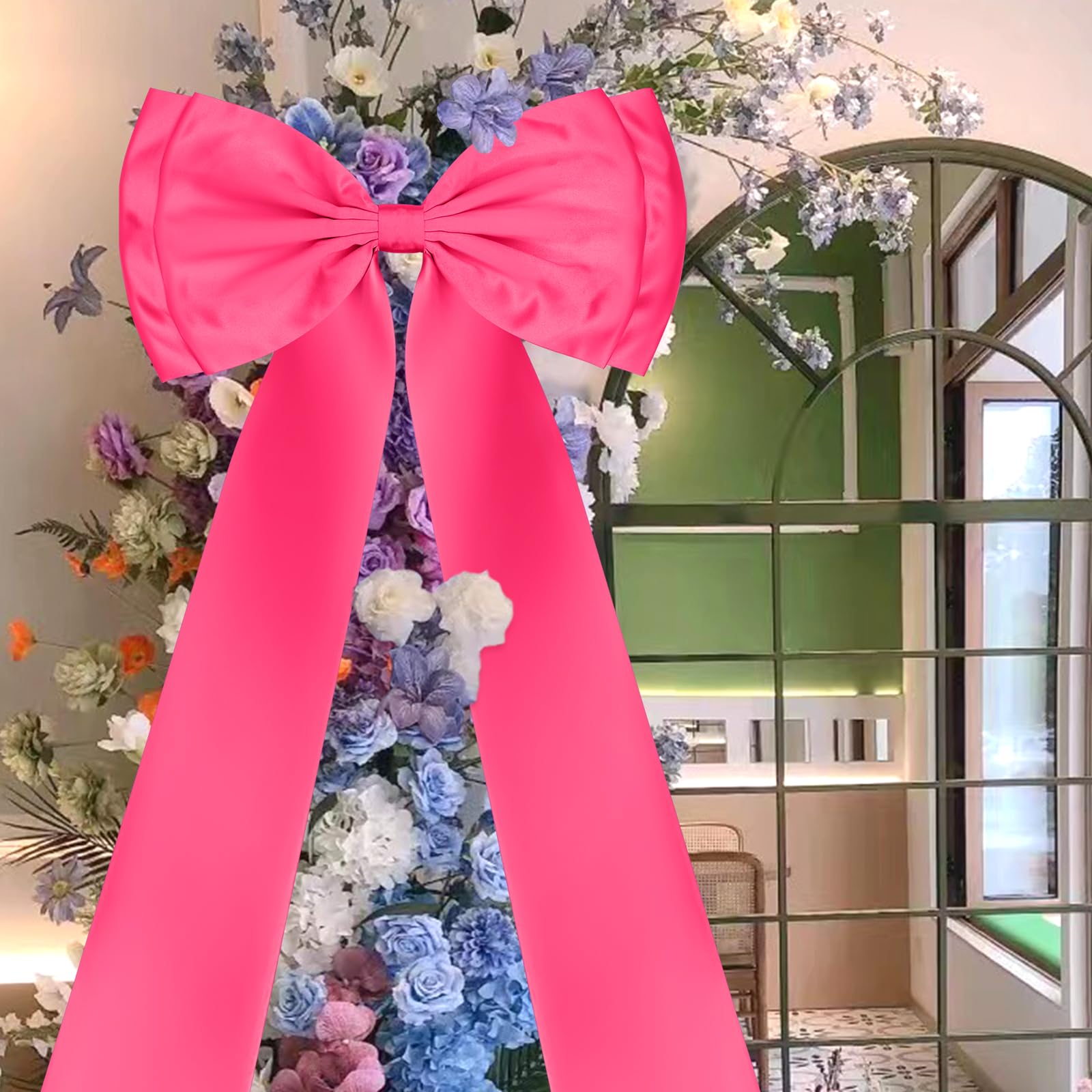 Photo 1 of FUANGUI Christmas Giant Bow Decoration, Hot Pink Big Bow for Backdrop 75x18 Inch, Coquette Birthday Wall Room Home Decor, Large Satin for Wedding Engagement Bachelorette Baby Shower Bridal Christmas