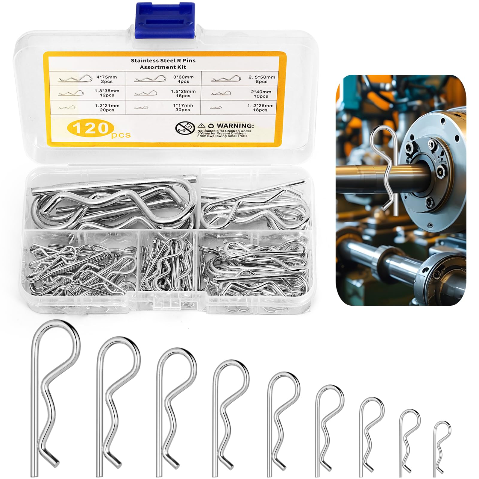 MirraSwit 120 Pcs R Clips Assorted, 1-4mm Stainless Steel Cotter Pins Assortment, R Clips Split Pins with Storage Box, Retaining Spring Hitch Cotter Pins for Trucks Tractors Lawn Mowers Cars Campers