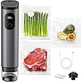 Premium Metal Handheld Vacuum Sealer, Vacuum Sealer for Food with Power Display & Detachable Tank, 60kPa Strong Suction, Includes 30 Reusable Bags & Wine Stopper for Food Preservation- Gray