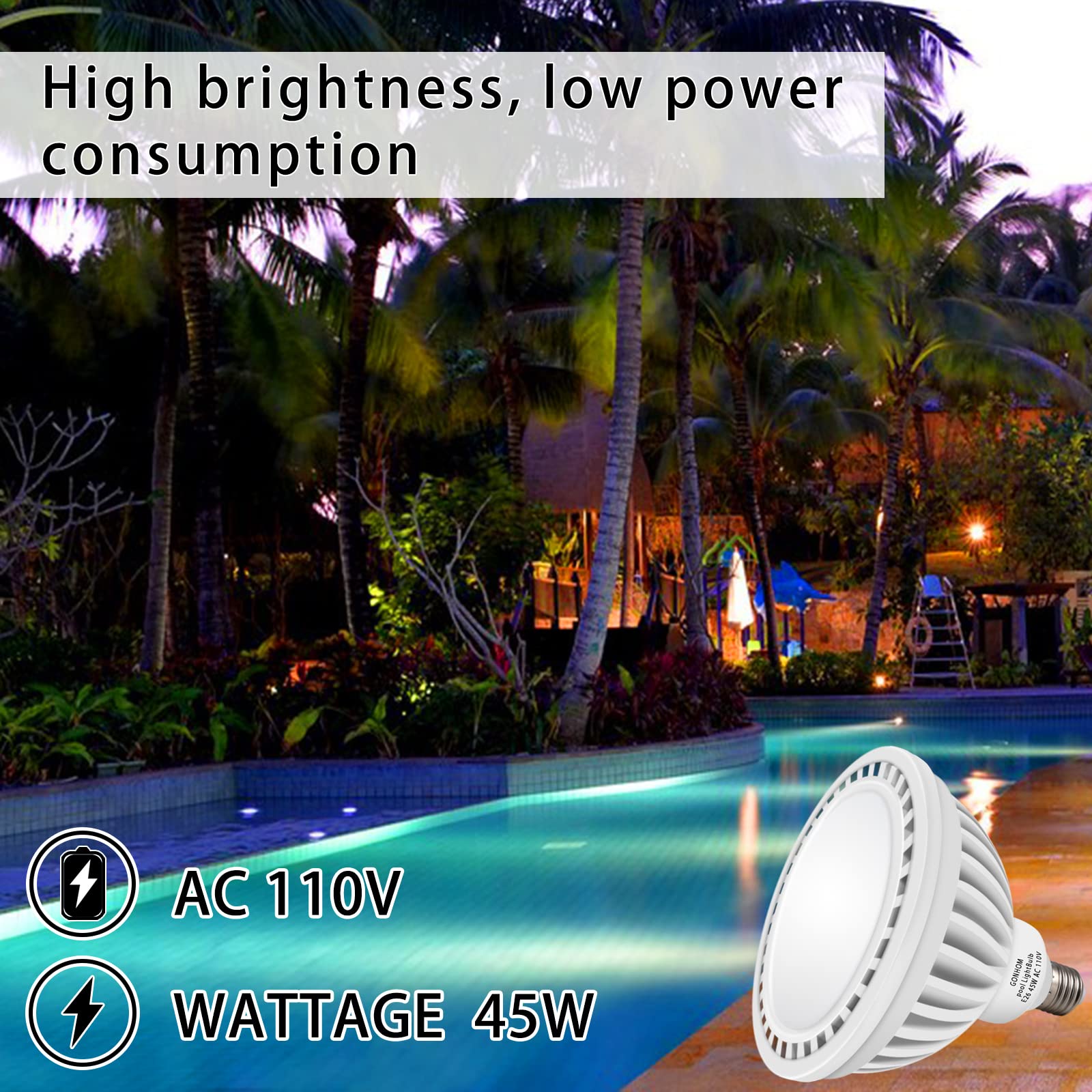 Gonhom LED Pool Light Bulb,E26 Base 120V Daylight White 6000K Pool Lights, 45W LED Swimming Pool Light Bulb Replaces Up to 200-600W Traditionnal Bulb,Non Dimmable