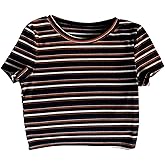 RoseSeek Women's Striped Colorblock T Shirt Short Sleeve Crew Neck Ribbed Knit Crop Tops