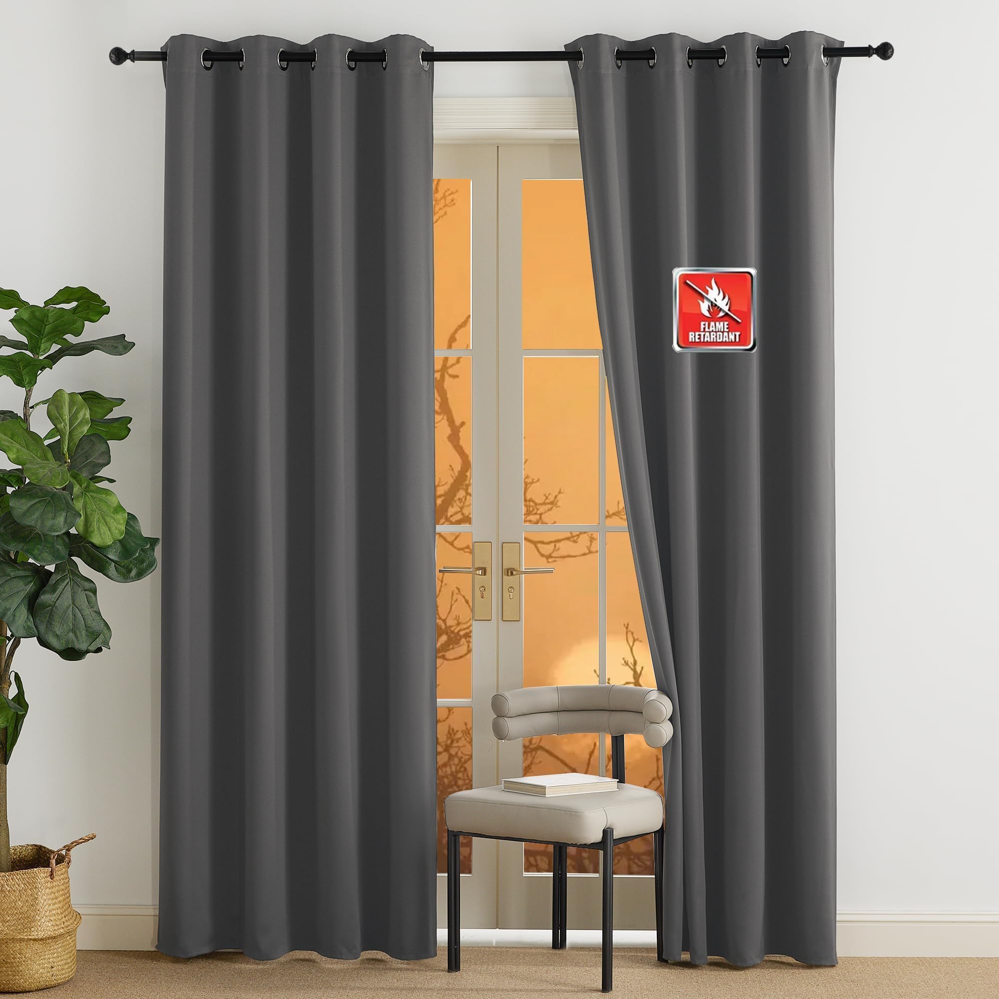 Photo 1 of NICETOWN Fire Safety Grey Blackout Curtains 84 inches Long W52 x L84 Set of 2, Add an Extra Fire Protection for Outdoor Camping, Window Treatments for Bedroom/School/Library - Business Curtain Panel