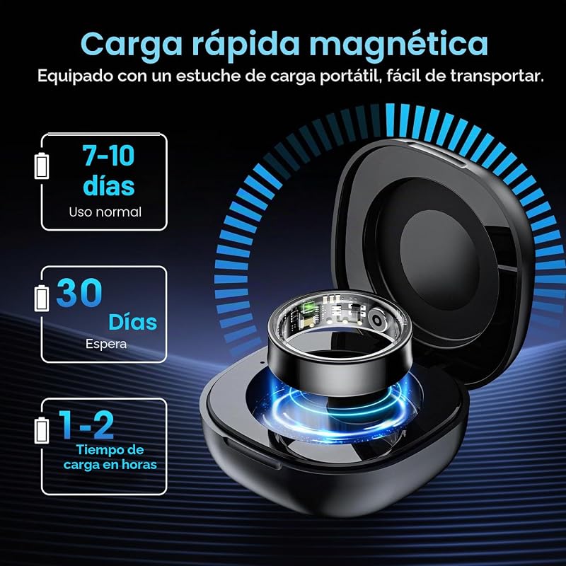Anillo Inteligente Hombre Mujer, Smart Ring con Control por Gestos, HRV/Pulsometro/SpO2/ Sueño, 170+ Modos Deportivos Anillo de Fitness con 5ATM Impermeable, iOS Android (Negro, 11) — foto 7 de 8
