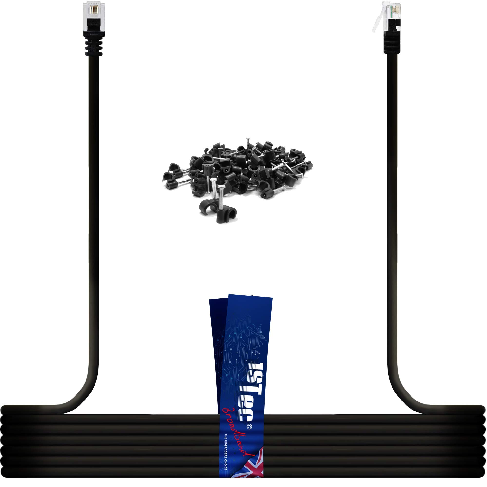 1STec 15M ADSL2+ Super High Speed Cat5e RJ11 Broadband Hub Internet Extension Cable for BT Infinity Sky Q Talktalk Plusnet EE Vodafone Post Office Router on Fibre or Standard Services 15 Metre Black