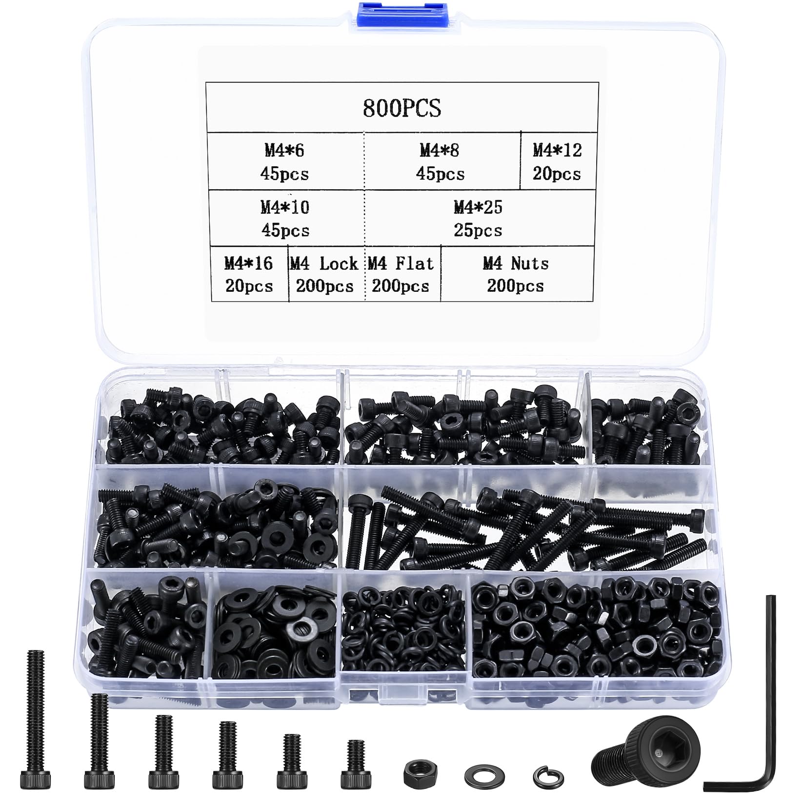 800 Pcs M4 Bolts and Nuts Set, Hex Socket Head Cap Screws Bolts and Nuts Set, M4 Black Machine Screws Assortment, Hex Nuts and Bolts Set with Washers Kit for Home Bicycle Repair
