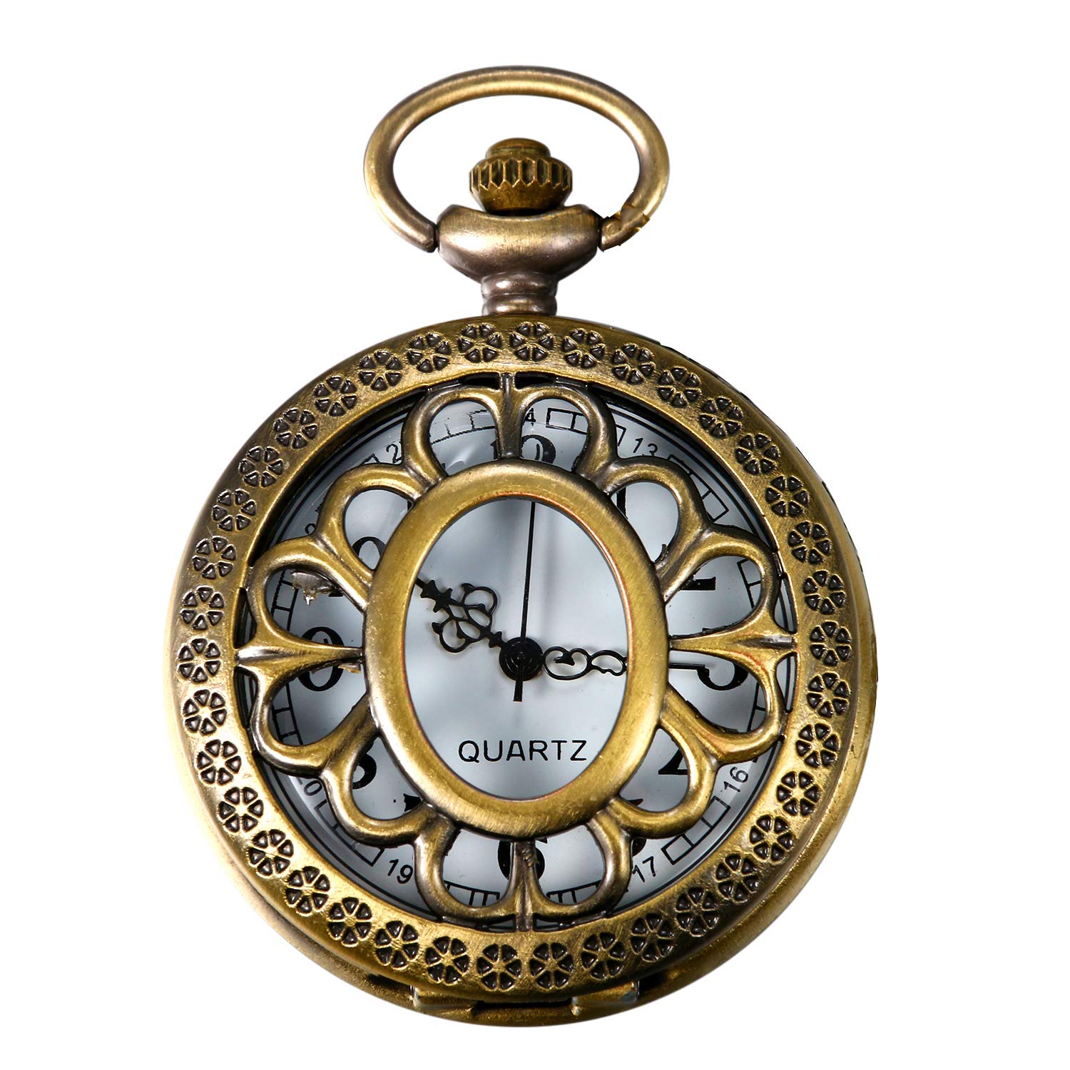 JewelryWe Bronze Vintage Openwork Cover Stylish Retro Sunflower Design Quartz Pocket Watch 31.5 Inch Chain
