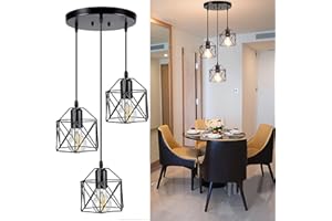 DINGLILIGHTING DLLT Vintage Pendant Light, Adjustable Mini Hanging Pendant Lights Fixture with 3-Light Cage Shade, Flush Mount Ceiling Swag Lighting for Kitchen/Dining Room/Hallway/Bedroom, E26 Base (Black)