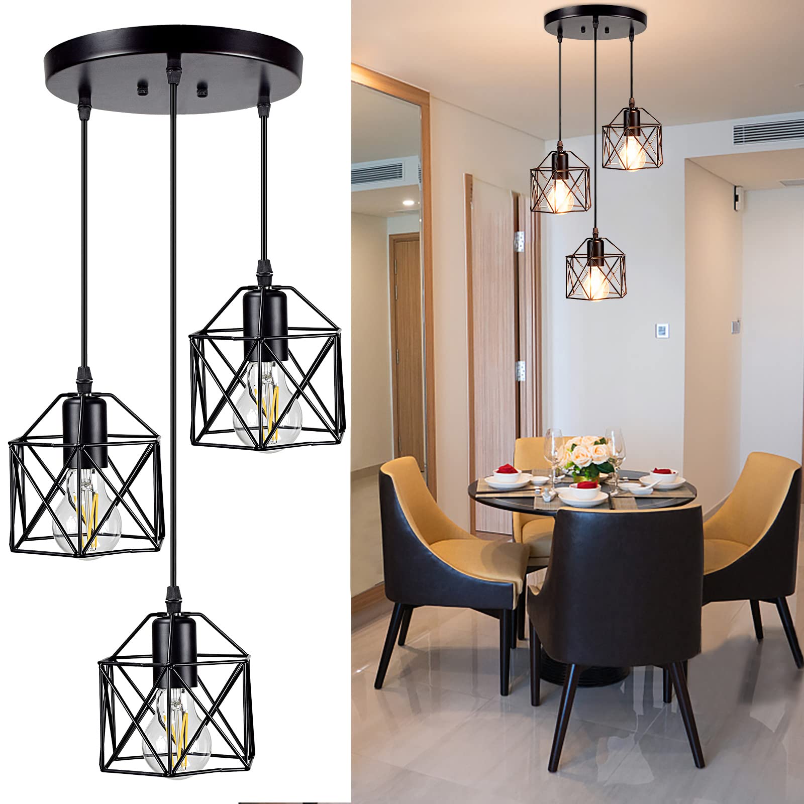 Depuley Hanging Pendant Lights, Vintage 3-Lights Ceiling Lamp, Industrial Flush Mount Ceiling Lighting Fixture, Black Geometric Ceiling Hanging Lamp for Kitchen, Dining Room, Hallway, Doorway