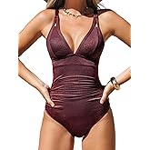CUPSHE Women's One Piece Swimsuit Tummy Control V Neck Bathing Suit Ruched Slimming Swimwear Shining Cutout Back Hook