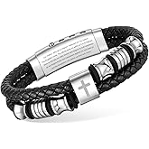 Christian Silver Leather Bracelet for Men - Double-Row Braided Leather Faith Cross Bracelets Bangle Religious Baptism Inspirational Bible Verse Jewelry Gift for Young Men Teenage, Adjustable Wristband