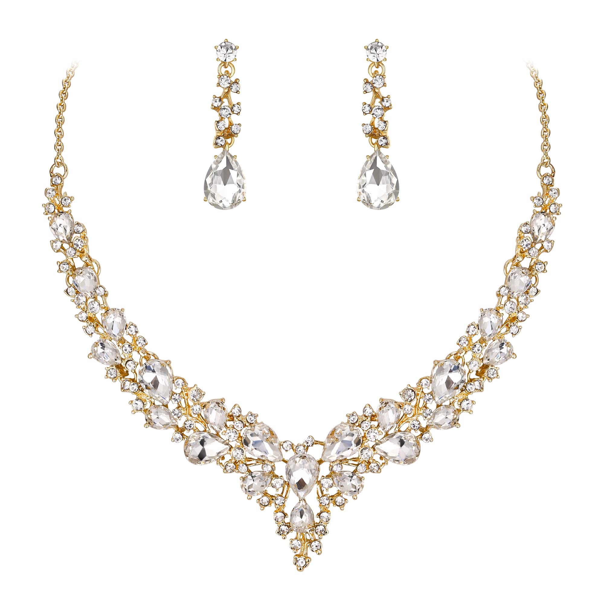 Ever Faith Wedding Bridal Crystal Sparkly Rhinestone Teardrop Cluster Statement Necklace Dangle Earrings Jewellery Set for Women Clear Gold-Tone