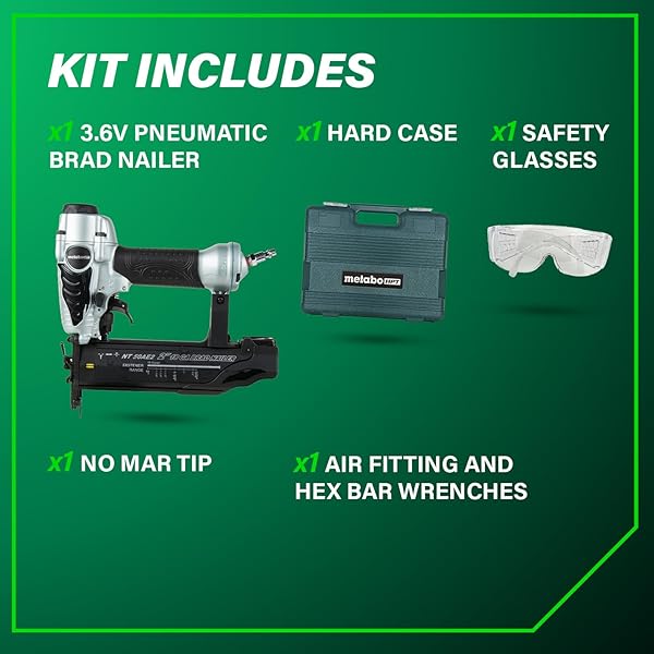 METABO HPT BRAD NAILER, PRO-PREFERRED LIGHTWEIGHT PNEUMATIC POWER NAILER FOR PRECISION TRIM WORK AND FURNITURE BUILDING, ADJUSTABLE DEPTH, 18 GAUGE, 5/8″ UP TO 2″ BRAD NAILS, NT50AE2
