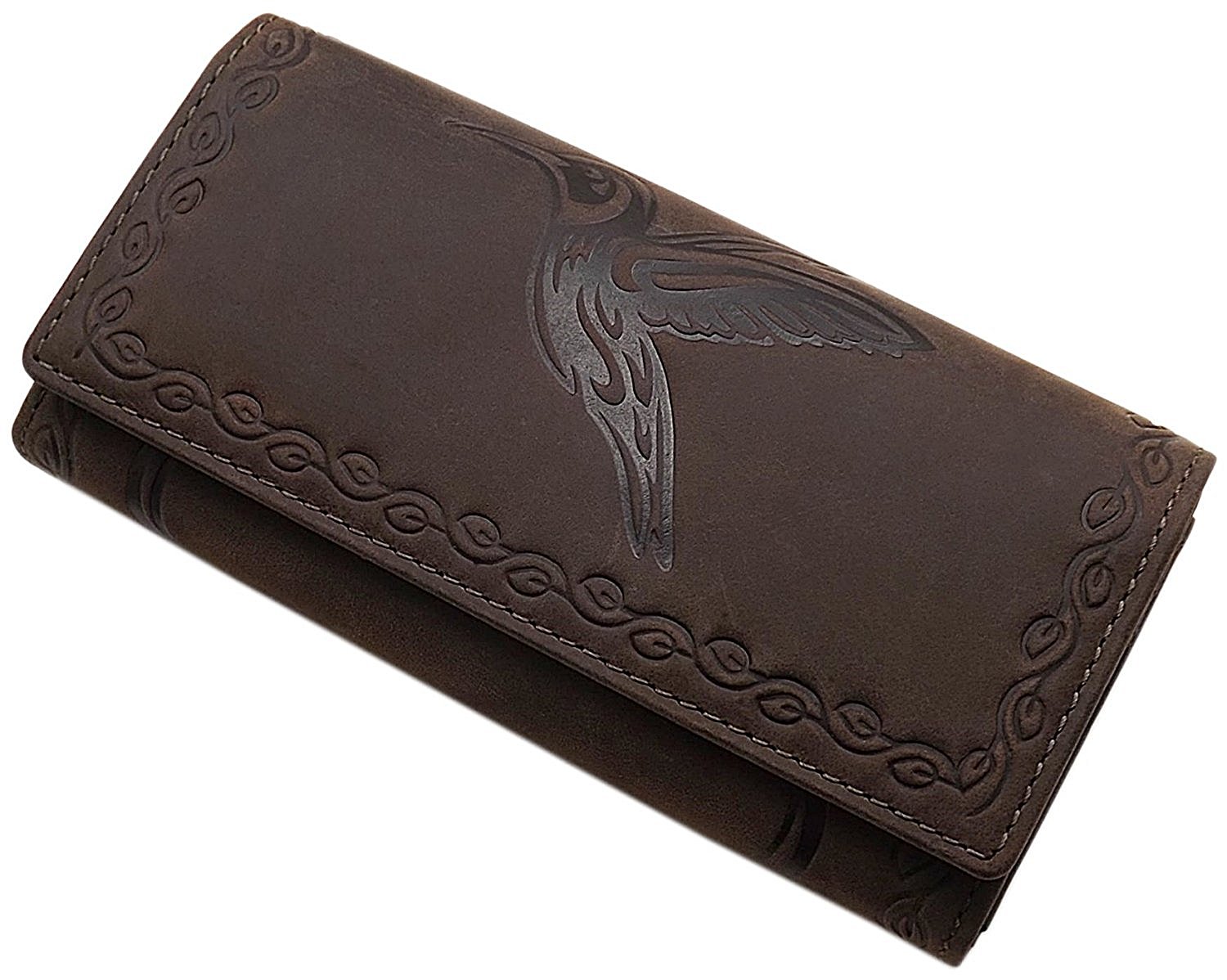 myledershop Large Buffalo Full Leather Women´s Purse with Hummingbird-Motif in Brown or Cognac (Brown)