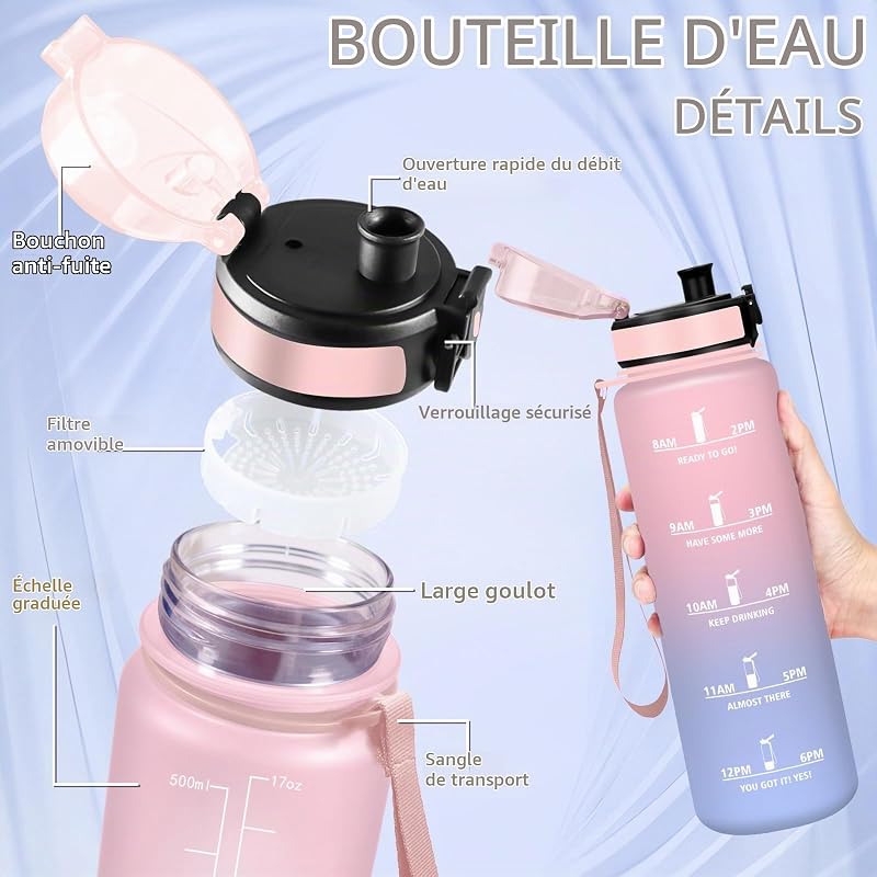 Gourde Enfant, Gourde 500ml, Bouteille Filtrante Anti-Fuite, Facile à Transporter, Bouteille avec Marqueur de Temps, Anti Fuite, Facile à Nettoyer, pour Bureau, Voyage, Extérieur, École, Sportif