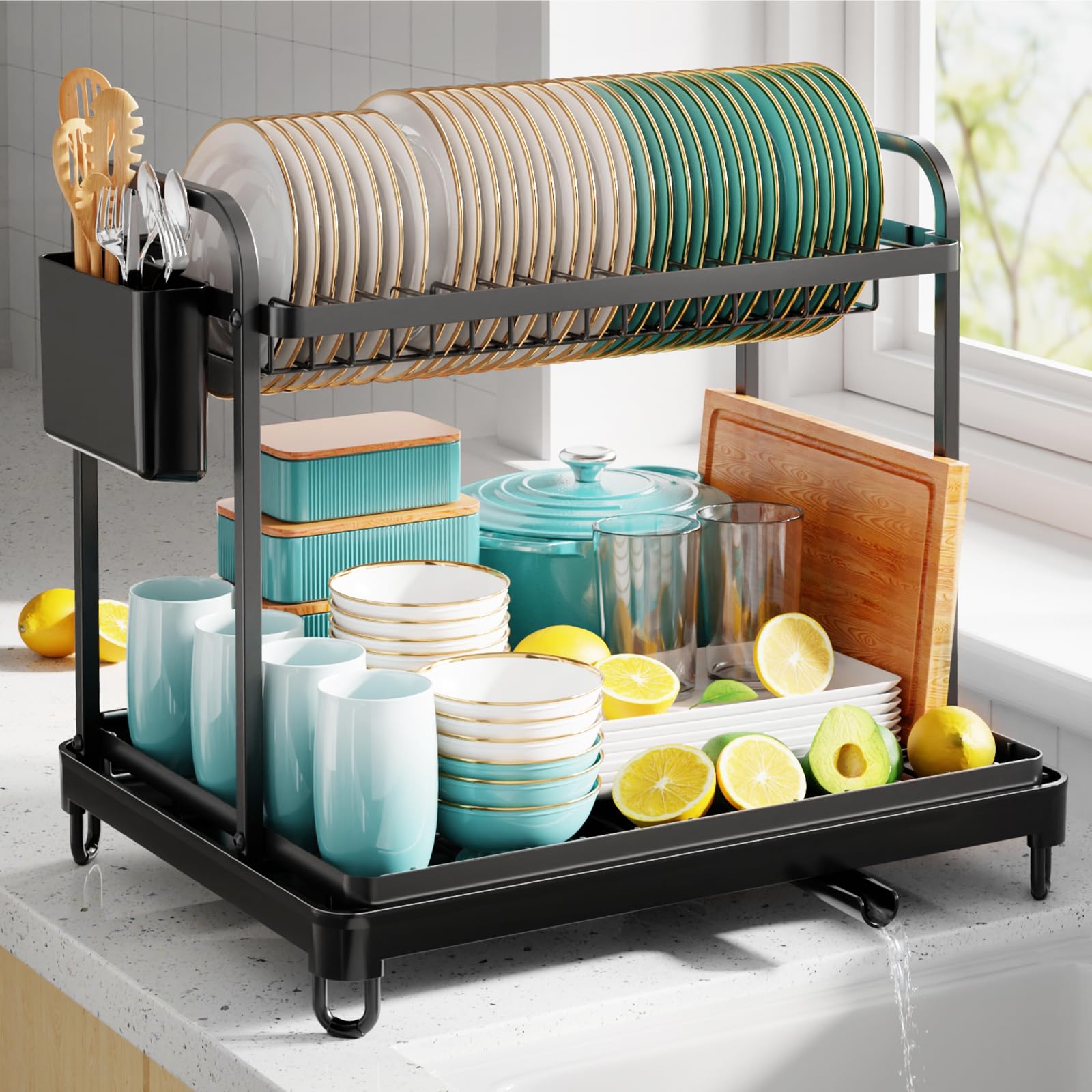 Photo 1 of Sakugi 2-Tier Dish Drying Rack - Stainless Steel Dish Rack with Cutlery & Utensil Holders for Kitchen Counter, Sink Organization and Storage Essentials, Home Decor, 16.7" W x 12.7" L x 15.8" H, Black