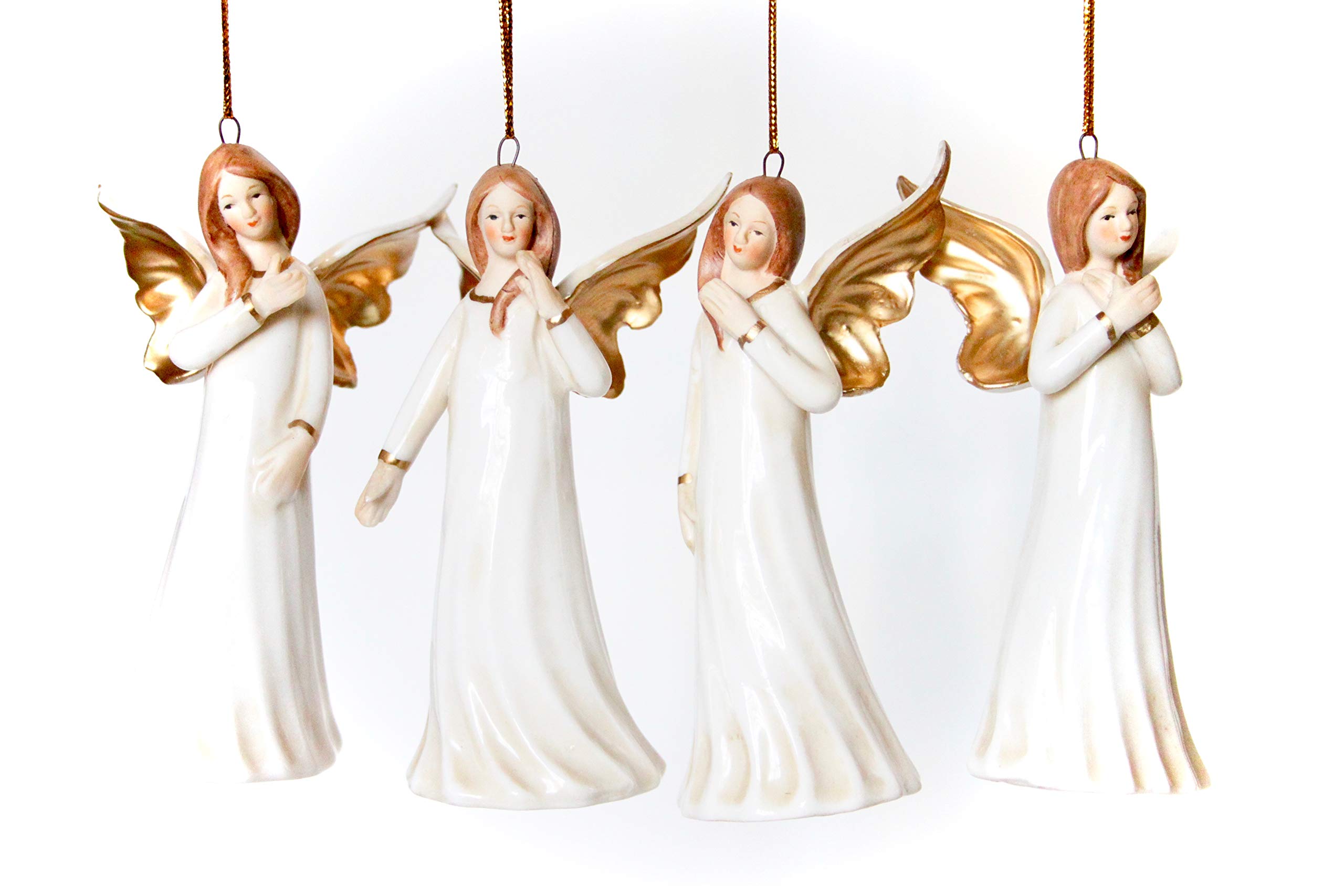 Gisela Graham 4 Ceramic Christmas Angels Decorations - Set of 4, 11.5cm, White, Silver Peacock Angel, Hanging or Free Standing, Christmas