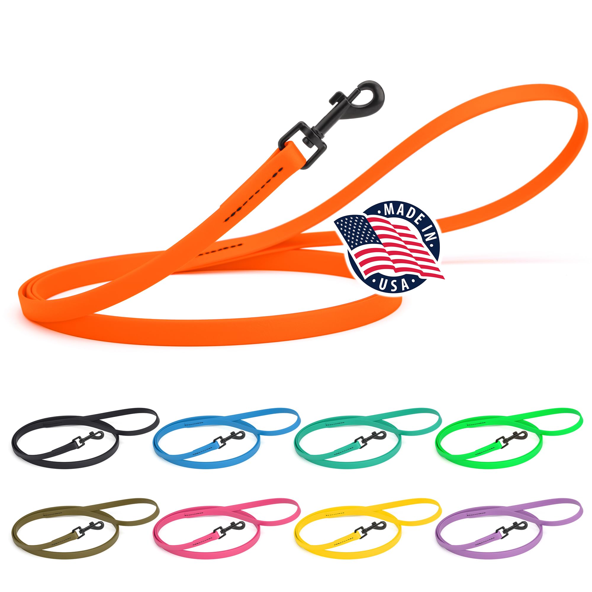 Dogline Biothane Waterproof Dog Leash Strong Coated Nylon Webbing with Black Hardware Odor-Proof Easy to Clean High Performance for Small or Large Dogs Made in USA 4 or 6 ft Lead, Hunter Orange