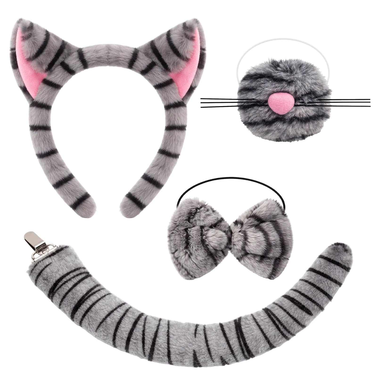 DNTHYRIN Cat Costume, Complete Cat Outfit with Ears and Tail, Grey Cat Costume Accessories, Role-Play Party Set for Halloween and Themed Events, Cat Ears Headband with Bow Tie and Adjustable Tail