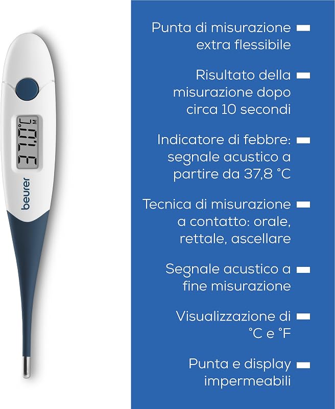 FT 17 Termometro per Febbre Digitale con Punta Flessibile, Misurazione Orale, Rettale e Ascellare, Indicatore Febbre, Risultato in 10s, per Neonati, Bambini e Adulti