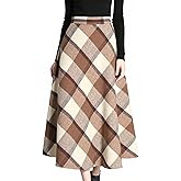 Tanming Women's Winter Warm Elastic Waist Wool Plaid A-Line Pleated Long Skirt