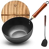 WANGYUANJI Carbon Steel Wok with Lid, 8.7" Small Mini Wok Pan, Thickened Heavy Duty Flat Bottom for Deep Frying, Camping & Solo Meals, Induction Ready, Seasoning Required