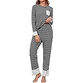 Namatime Womens Cotton Pajama Sets Stripe Long Sleeve 2 Piece Lounge Set Soft Pj Set Spring Loungewear Sleepwear with Pockets Maternity Pajamas Black M
