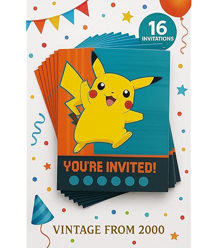 Pokemon Vintage Party Invitations (8 Cards + 8 Envelopes, 2000 Edition) – Official Licensed Collectible, Includes Name Tag : Home & Kitchen