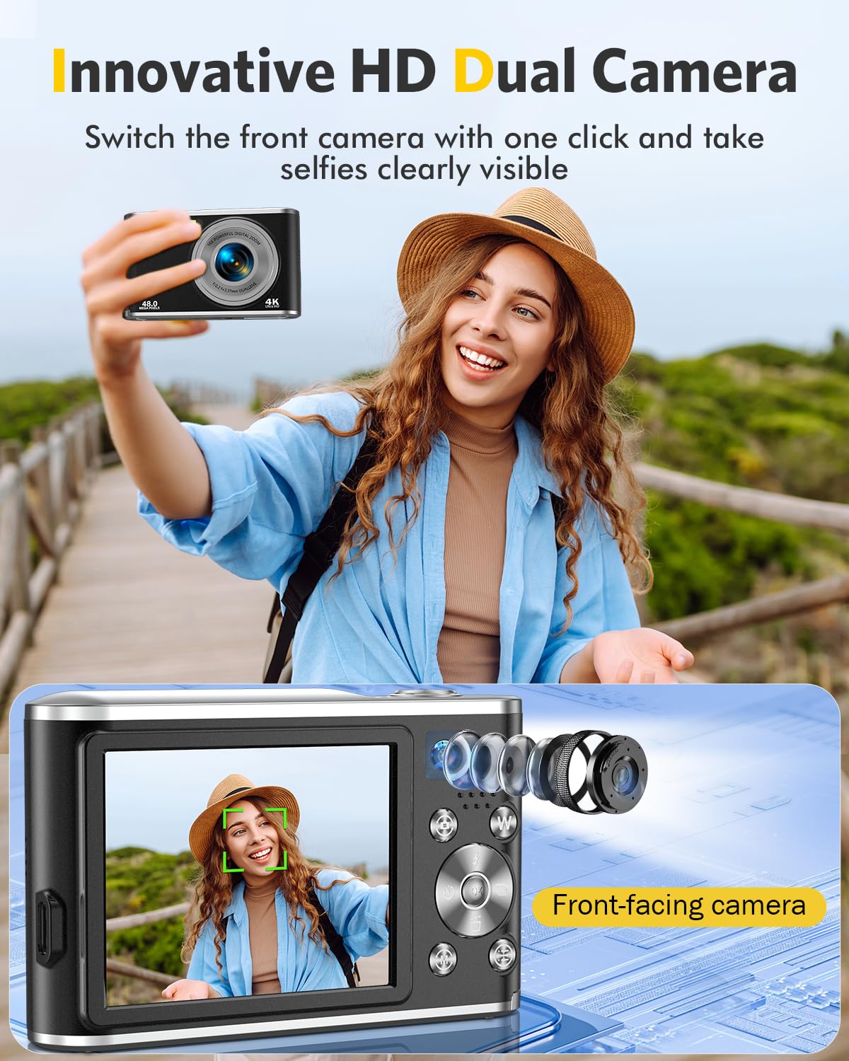 Digital Camera FHD 4K Vlogging Camera with Autofocus Dual Lens 48MP 16X Digital Zoom 2.8