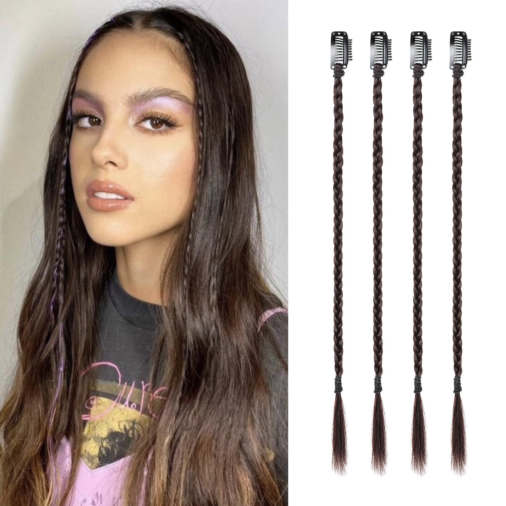 Photo 1 of Flufymooz 4PC Braid in Hair Extension 14 Inch Clip in Braid Extensions for Women Synthetic Hairpieces for Daily Use Party Styling (Dark Reddish Brown)