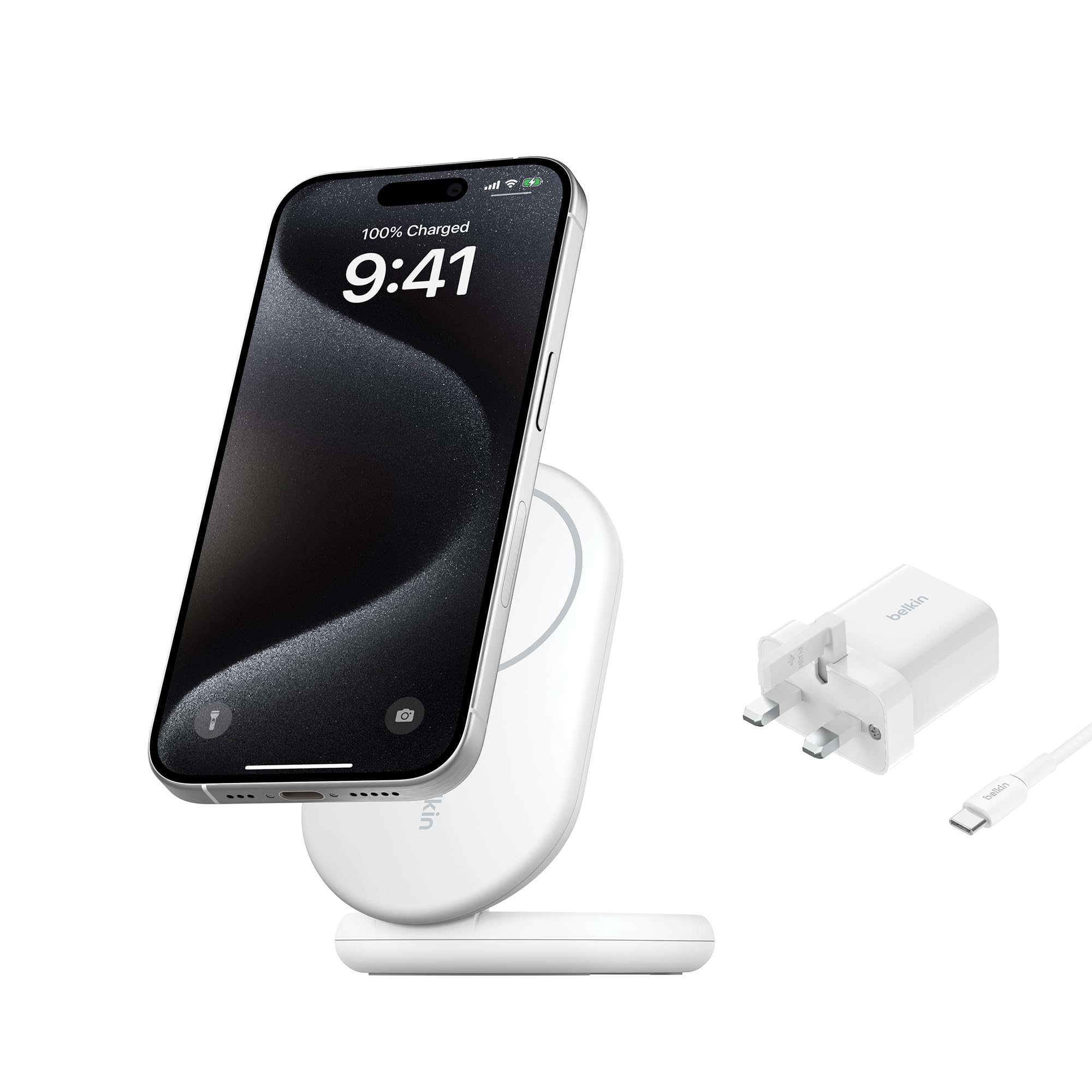 Belkin BoostCharge MagSafe Charger, Magnetic Foldable Wireless Charging Stand 15W, MagSafe-Compatible Portable Fast Charger for Qi2, iPhone 17, Air, Pixelsnap, Standy Mode Ready, PSU Included - White