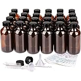 PINIWON 24 Pack 4 oz Amber Glass Bottles, 120ml Boston Round Sample Bottles with Black Poly Cone Caps, Labels, Funnels and Br