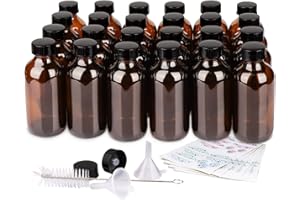 PINIWON 24 Pack 4 oz Amber Glass Bottles, 120ml Boston Round Sample Bottles with Black Poly Cone Caps, Labels, Funnels and Brush