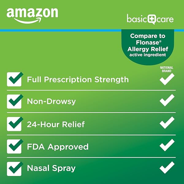 AMAZON BASIC CARE 24-HOUR ALLERGY RELIEF NASAL SPRAY, FLUTICASONE PROPIONATE (GLUCOCORTICOID) 50 MCG, FULL PRESCRIPTION STRENGTH, NON-DROWSY, 0.62 FL OZ (PACK OF 3)