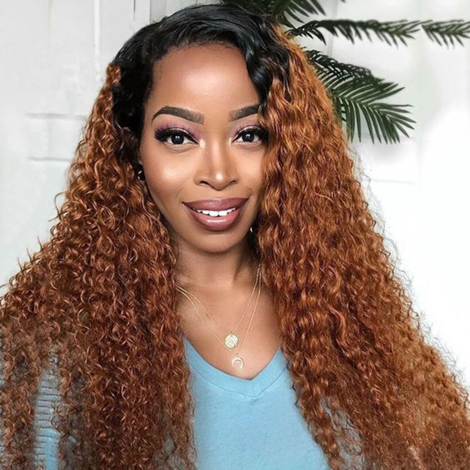 Photo 1 of Aikebi Curly Human Hair Wig Omber T 27 Lace Frontal Closure Jerry Curly Human Hair Wig Pre Plucked Pre Cut Lace Frontal Closure Glueless Wigs Elastic Band 200% Density
