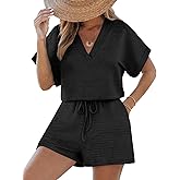CUPSHE Women's Romper Knit V Neck Short Sleeves Drawstring Waist Straight leg Outfit Casual Dressy