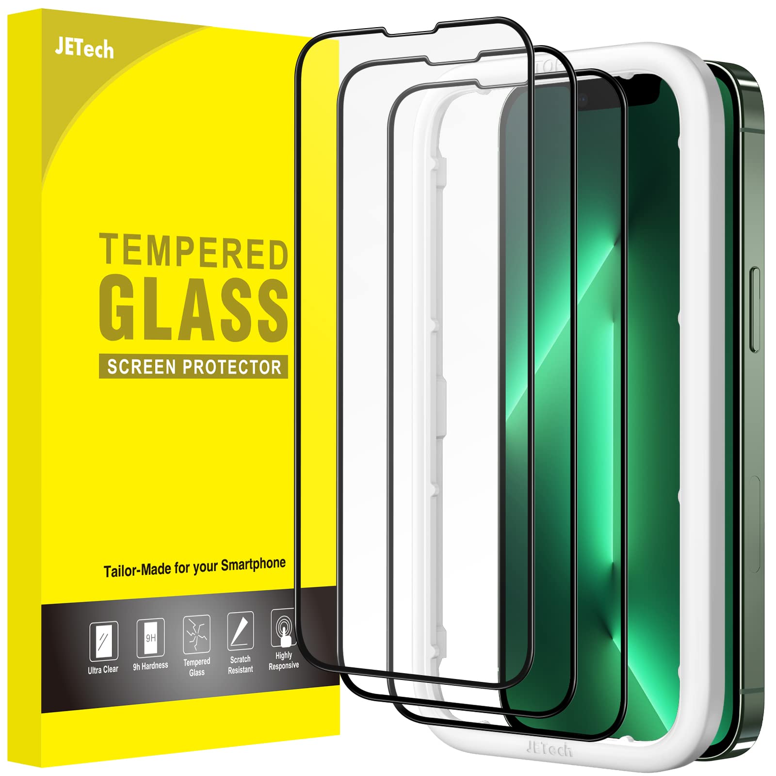 JETech Full Coverage Screen Protector for iPhone 17e (2026) / iPhone 16e / iPhone 13/13 Pro, Black Edge Tempered Glass Film with Easy Installation Tool, Case-Friendly, 6.1-Inch Display, 3-Pack