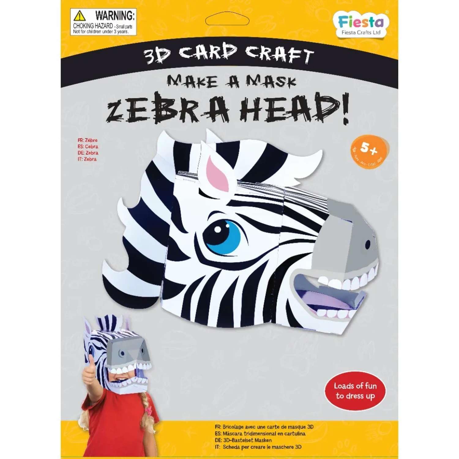 Fiesta Crafts Zebra 3D Mask Kit - Colourful & Easy to Assemble Zebra Head Costume - Complete Arts and Crafts Set to Improve Motor Skills, Creativity, & Imagination - Fits Kids & Adult Heads