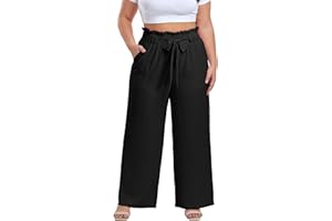 OLRIK Women's Casual Plus Size Pants High Waisted Self-tie Belted Lounge Pants Straight Long Trousers with Pockets