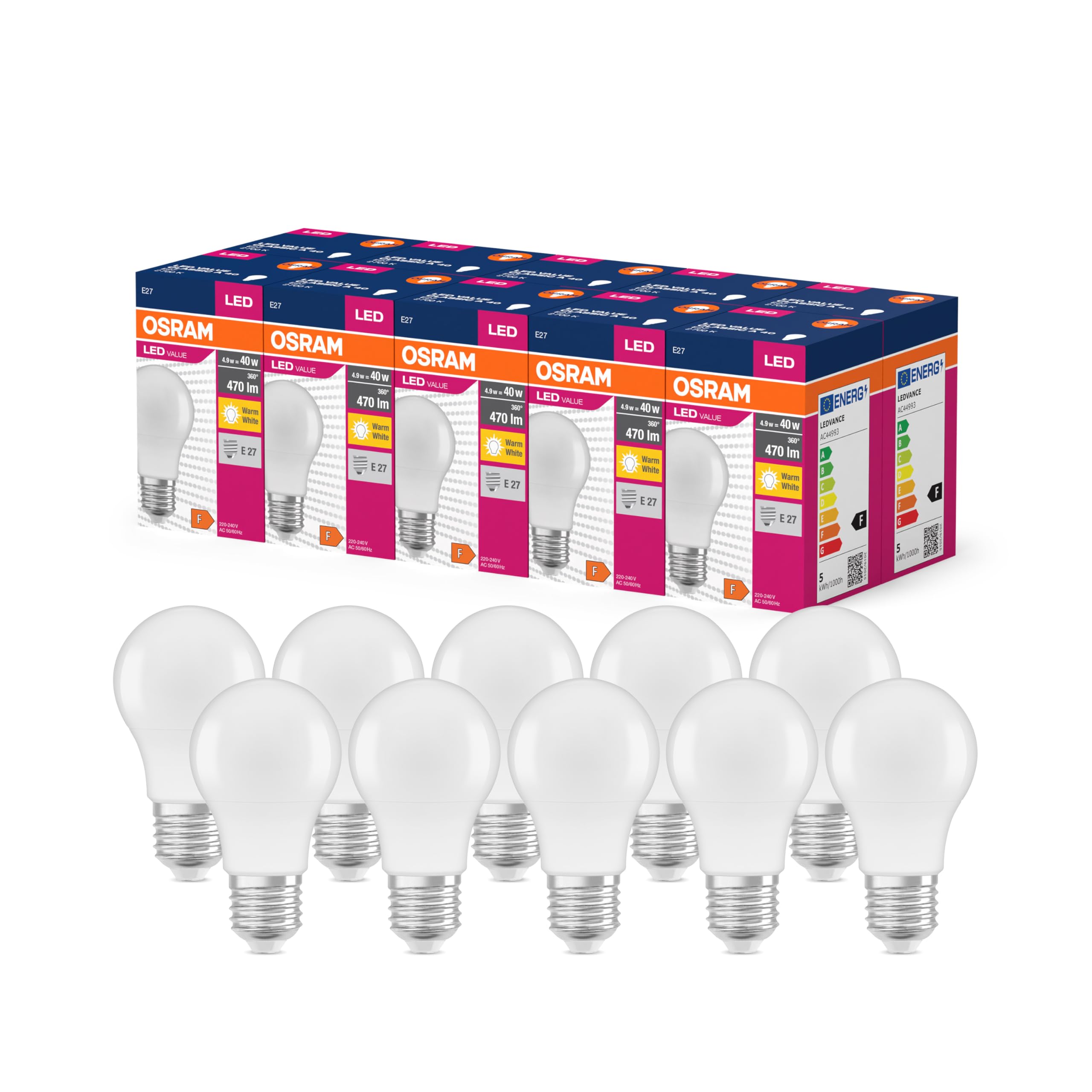 OSRAM Led Star Value Classic A40 Led Lamp for E27 Socket, Pear Shape, Fr, 470 Lumens, Warm White (2700K), Replacement for Conventional 40W Light Bulbs, Not Dimmable, 10-Pack