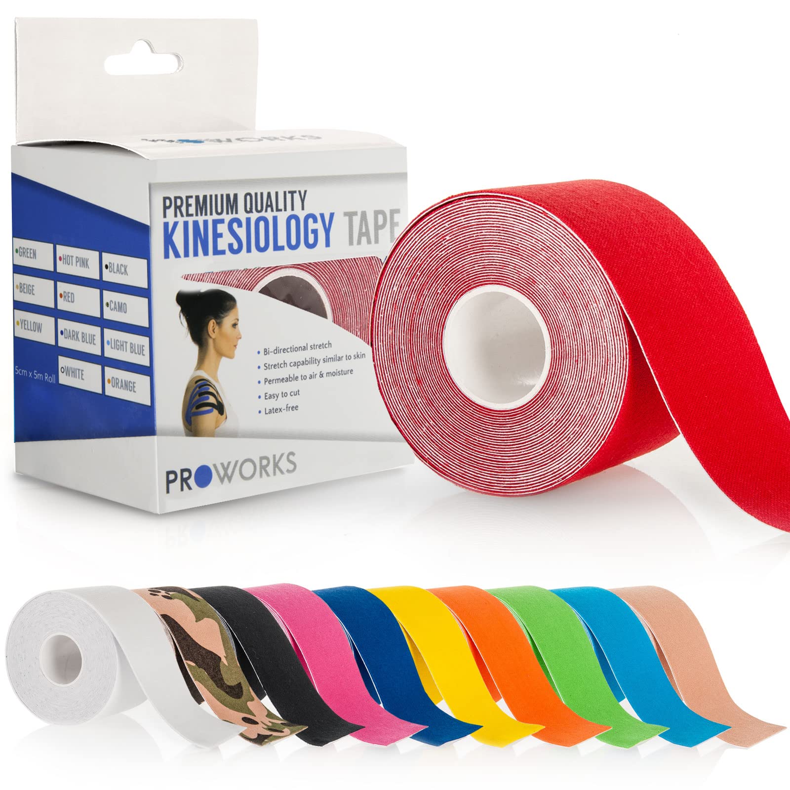 Proworks Kinesiology Tape | 5m Roll of Elastic Muscle Support Tape for Exercise, Sports & Injury Recovery - Red