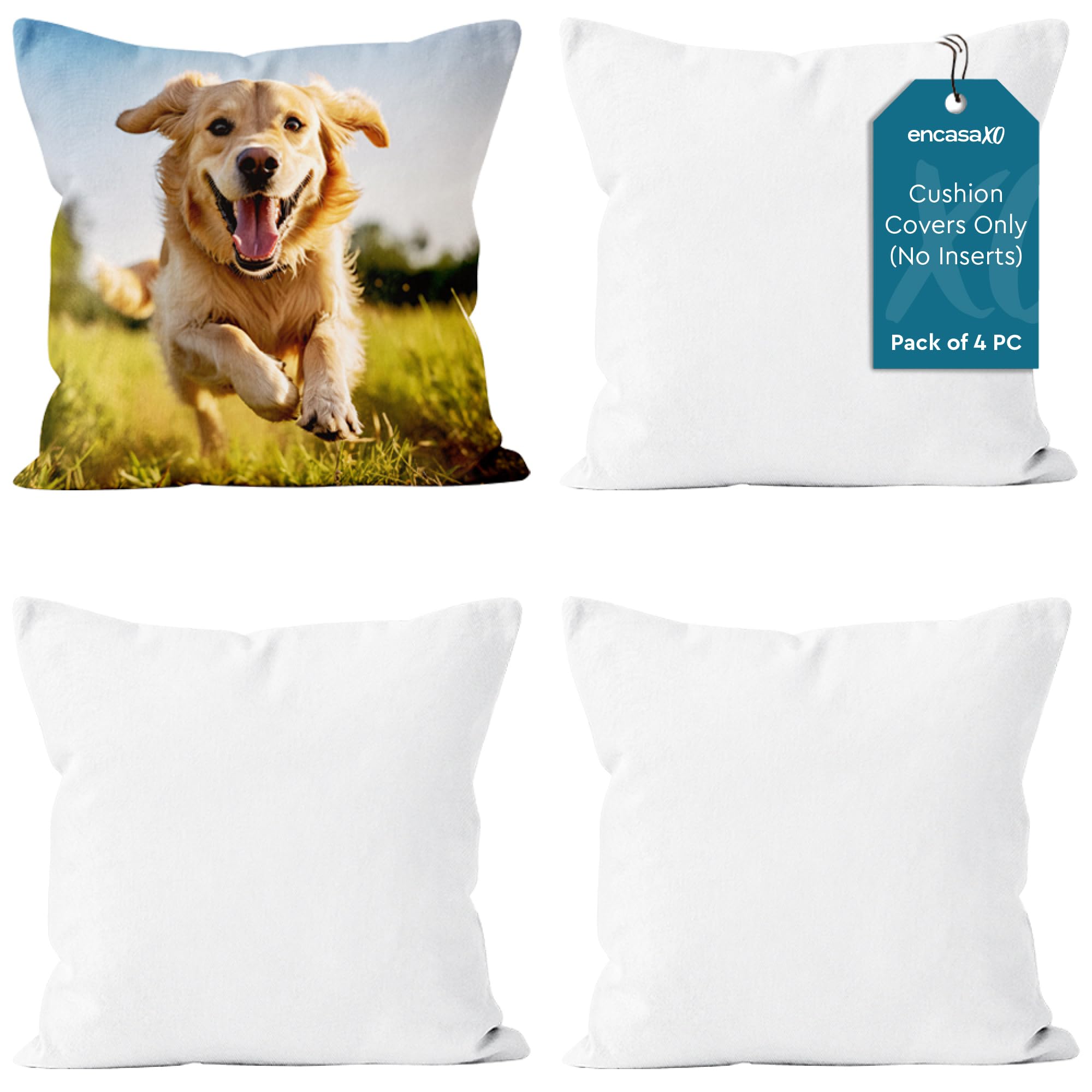 Encasa XO Throw Pillow Covers 24"x24" - Sublimation Blank White 4 pc Pack with Invisible Zipper - Soft Polyester Twill Cushion Cases, suitable for DIY, Digital Printing & Painting