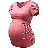 GINKANA Maternity Tops Short Petal Sleeve Tshirt V Neck Tee Ruched Sides Shirts Casual Basic Tunic Pregnancy Tshirt Blouse