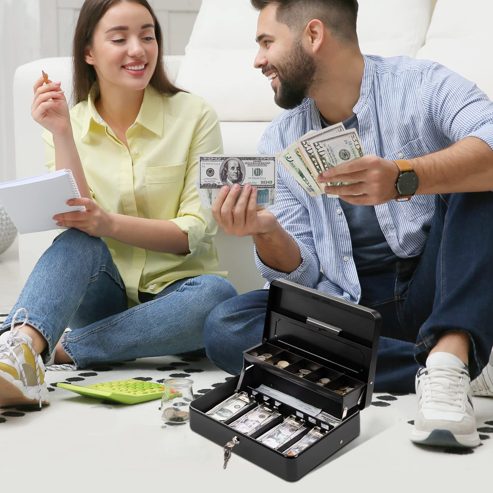 Tera Cash Box with Key Lock: Anti Theft Safe Lock Box with Money Tray 4 Bill 5 Coin Inner Tray 11.8