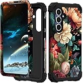 PIXIU Unique Flower Pattern Compatible with Samsung Galaxy S25 FE case,Heavy Duty Dual Layer Shockproof Full-Body Protective Sturdy Hybrid Cute Rugged Case for Women,Girls,Kids-Black Flower